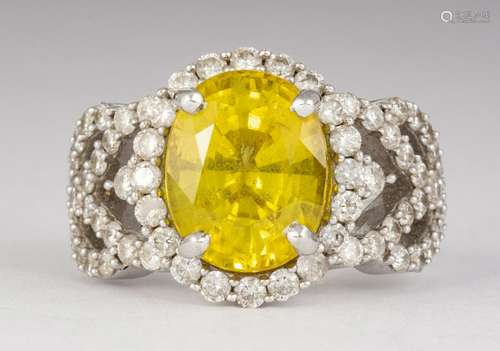 Yellow sapphire, diamond and 14k white gold ring