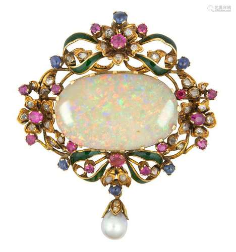 Opal, multi-stone, enamel and 18k yellow gold brooch