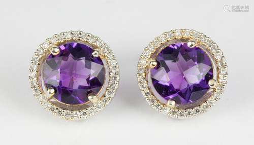 Pair of amethyst, diamond, 14k white and yellow gold