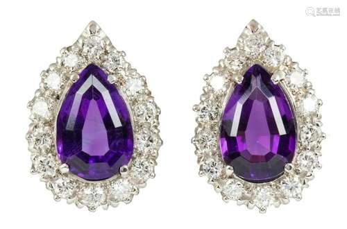 Pair of amethyst, diamond and 14k gold earrings