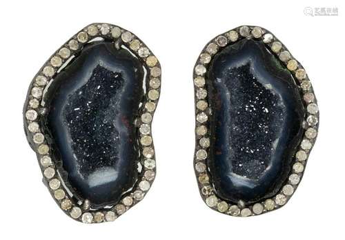 Pair of geode, diamond, blackened and gilted-silver,