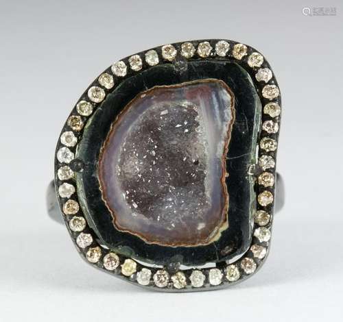 Geode, diamond and blackened silver ring