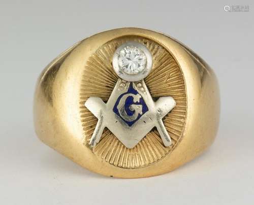 Diamond, enamel and 14k yellow gold Masonic ring