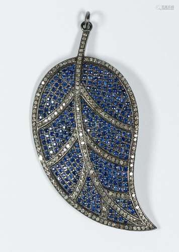 Sapphire, diamond and blackened silver leaf-form