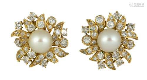 Pair of Van Cleef & Arpels cultured pearl, diamond and