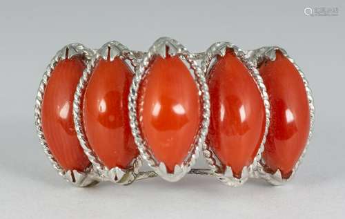 Coral and 14k white gold ring