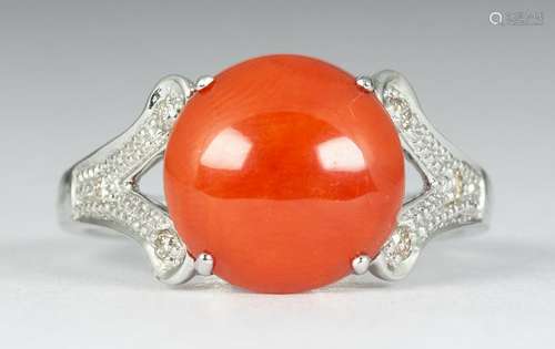 Coral, diamond and 14k white gold ring