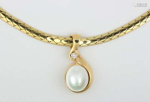 Cultured pearl, diamond and 14k yellow gold