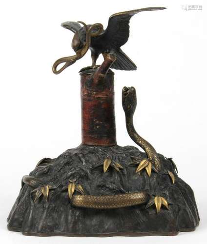 Japanese Bronze Okimono, Hawk and Snake