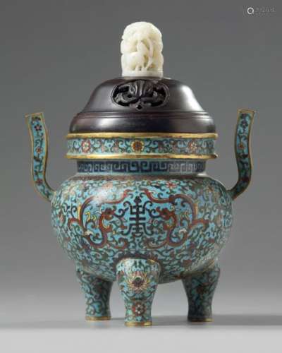 A Chinese cloisonné enamel tripod censer