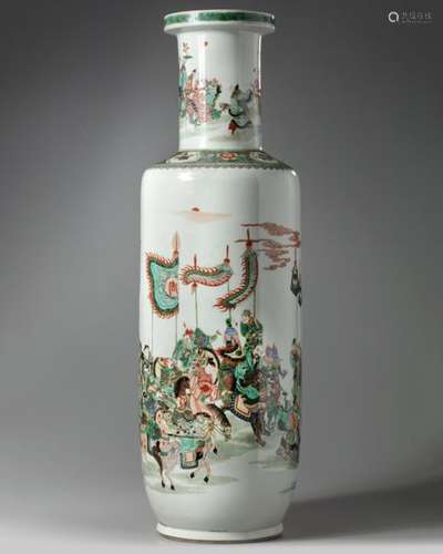 A large Chinese famille verte rouleau vase