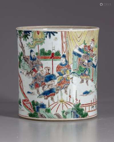 A Chinese famille verte brush pot