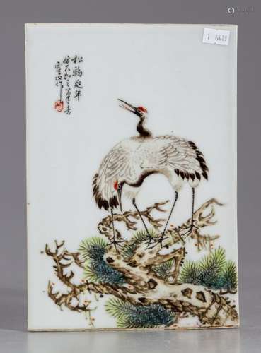 A Chinese cranes porcelain plaque