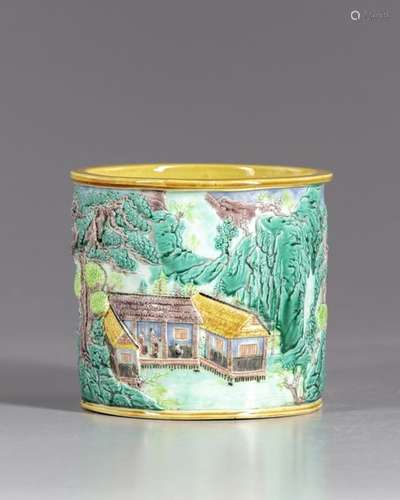 A Chinese famille verte brush pot