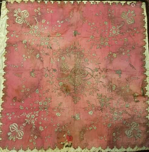 An Ottoman embroidered rose wrapping cloth bohca