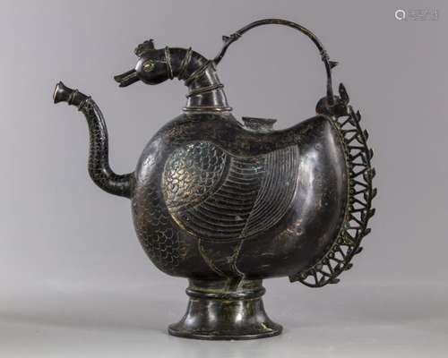 An Indian brass 'cockerel' ewer