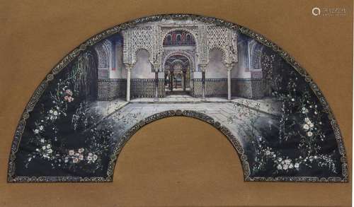 A fan design depicting a Moorish patio surrounded …