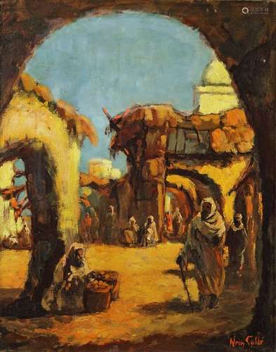 A painting depicting an Arabian market place