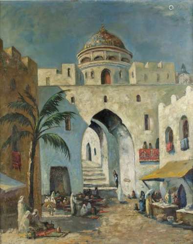 A painting depicting a market place with palm tree…