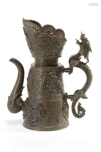 A Monglian copper 'dragon medallion' ritual ewer