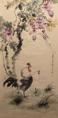 A Chinese handscroll with cockerels and flowers