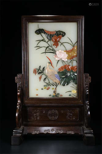 CHINESE GEM STONE INLAID ROSEWOOD ZITAN TABLE SCREEN