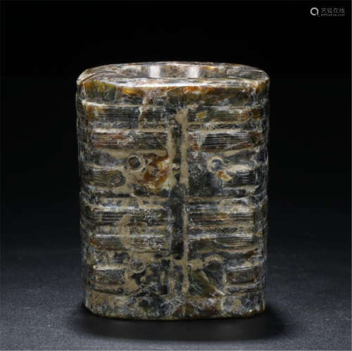 CHINESE ANCIENT JADE CONG SQUARE VASE