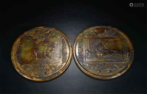 PAIR OF CHINESE ANCIENT JADE EROTIC SENSE ROUND MIRRORS