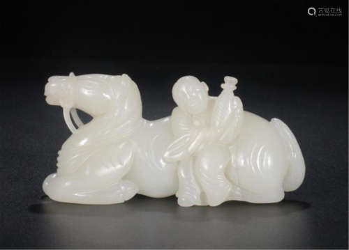 CHINESE WHITE JADE BOY AND HORSE TABLE ITEM