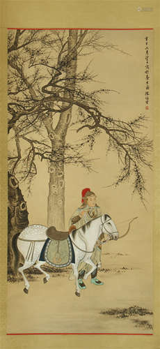 CHINESE SCROLL PAINTING OF HORSE MAN UNDER TREE