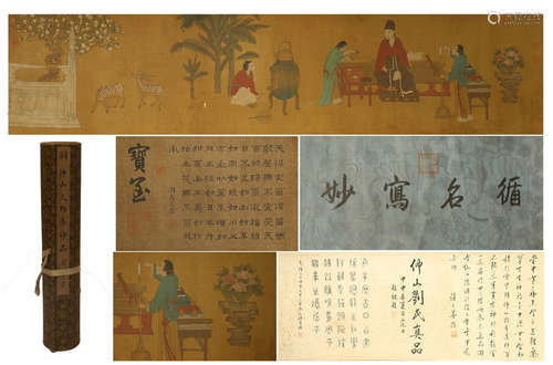 CHINESE HAND SCROLL PAINTING OF FIGURES WITH CALLIGRAPHY