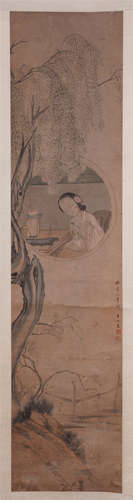 CHINESE SCROLL PAINTING OF BEAUTY IN GARDEN