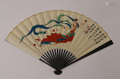 CHINESE FAN PAINTING OF FLYING BEAUTY WITH CALLIGRAPHY