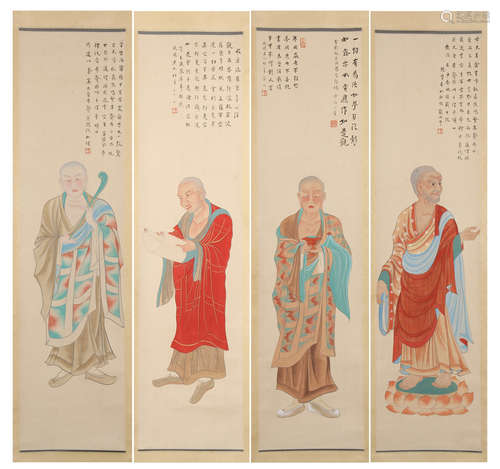 FOUR PANELS OF CHINESE SCROLL PAINTING OF LOHAN WITH CALLIGRAPHY