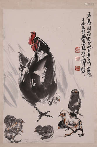 CHINESE SCROLL PAINTING OF CHICKEN FAMILY