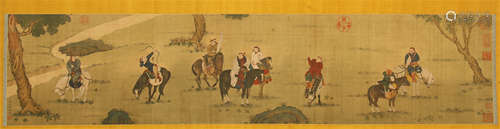 CHINESE SCROLL PAINTING OF HORSE MAN IN WOOD