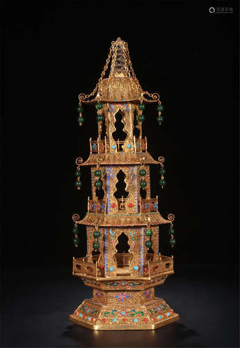 CHINESE GEM STONE INLAID GILT SILVER ENAMEL BUDDHIST TOWER NICHER