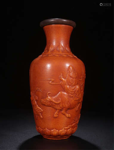 CHINESE MOLDED GOURD MAN ON OX VASE