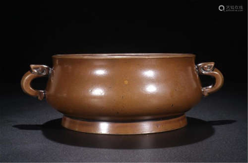 CHINESE BRONZE DRAGON HANDLE ROUND CENSER