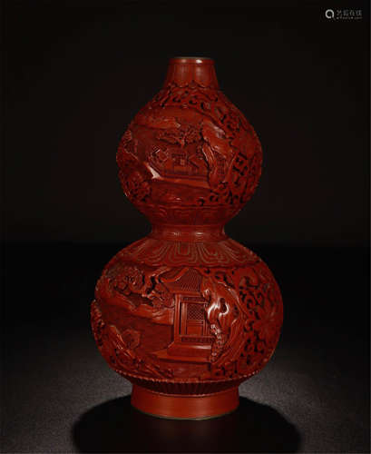 CHINESE CINNABAR MAN IN GARDEN DOUBLE GOURD VASE