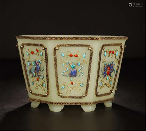 CHINESE GEM STONE GILT SILVER INLAID HEXAGONAL PLANTER