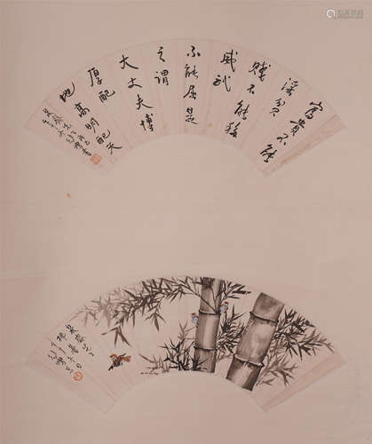 TWO CHINESE FAN PAINTING OF BAMBOO WITH CALLIGRAPHY