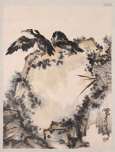 CHINESE SCROLL PAINTING OF EAGLE ON ROCK