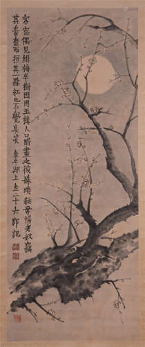 CHINESE SCROLL PAINTING OF PLUM BLOSSOMMING UNDER MOON