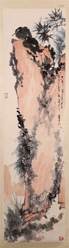 CHINESE SCROLL PAINTING OF BIRD ON ROCK