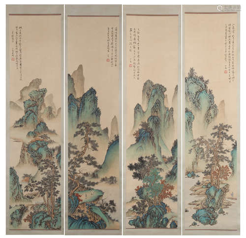 FOUR PANELS OF CHINESE SCROLL PAINTING OF MOUNTAIN VIEWS