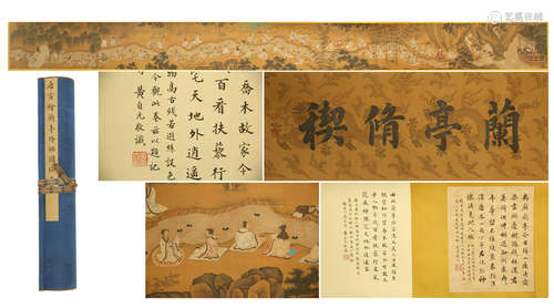 CHINESE HAND SCROLL PAINTING OF MEN GATHERING PARTY WITH CALLIGRAPHY