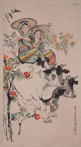 CHINESE SCROLL PAINTING OF GIRLS ON OX