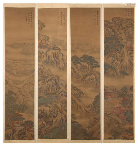 FOUR PANELS OF CHINESE SCROLL PAINTING OF MOUNTAIN VIEWS