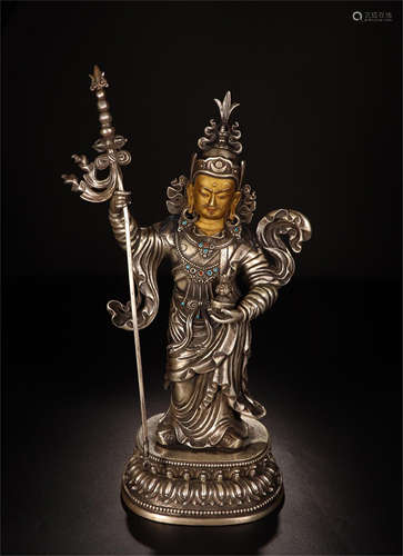 CHINESE PARTLY GILT SILVER STANDING BUDDHIST GUARDIAN